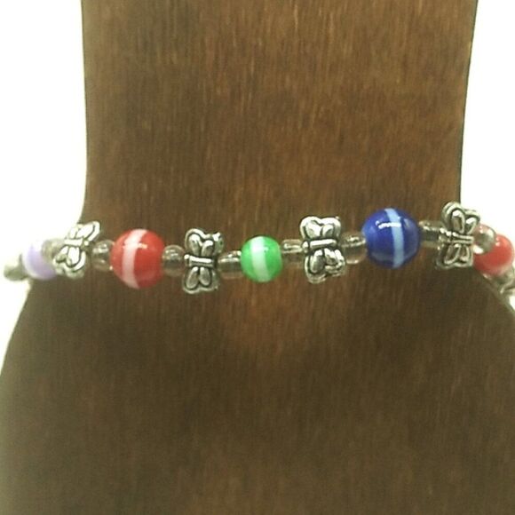 Colorful Rainbow Glass Beaded Toggle Bracelet-Anklet w Silver-tone Butterflies - Picture 15 of 15
